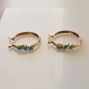 10K Gold Emerald Diamond Hoop Earrings